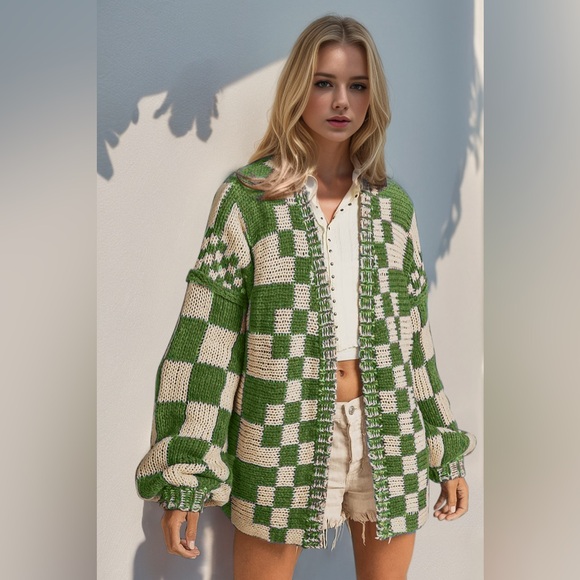 Double Take Full Size Open Front Checkered Drop Shoulder Cardigan 10010080504 - Picture 5 of 6